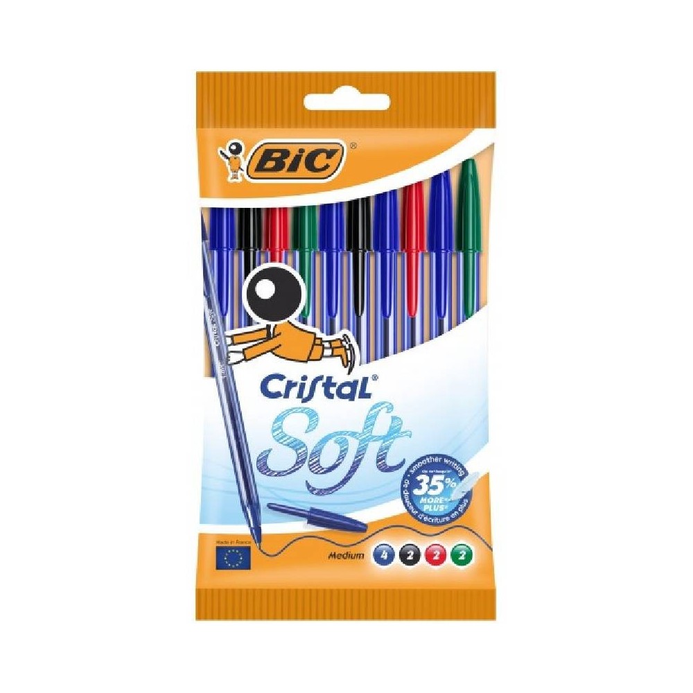 Pochette de 10 Stylos BIC Soft Cristal - Assortis